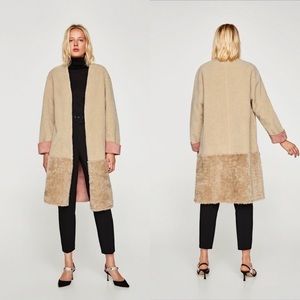 NW0T Zara Beige Pink Faux Fur Shearling Open Mid Length Front Coat Outerwear